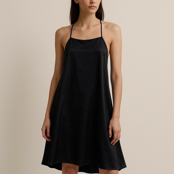 Black Satin Swing Slip Dress Women S M Minimalist Cocktail Party Elegant Evening - Picture 2 of 9